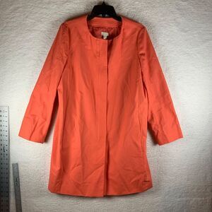 J. Crew Women's Hidden Front Zip Long Collarless Orange Cotton Coat Jacket Sz 12